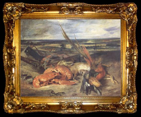 framed  Eugene Delacroix Still Life with a Lobster and Trophies of Hunting and Fishing (mk05), ta009-2